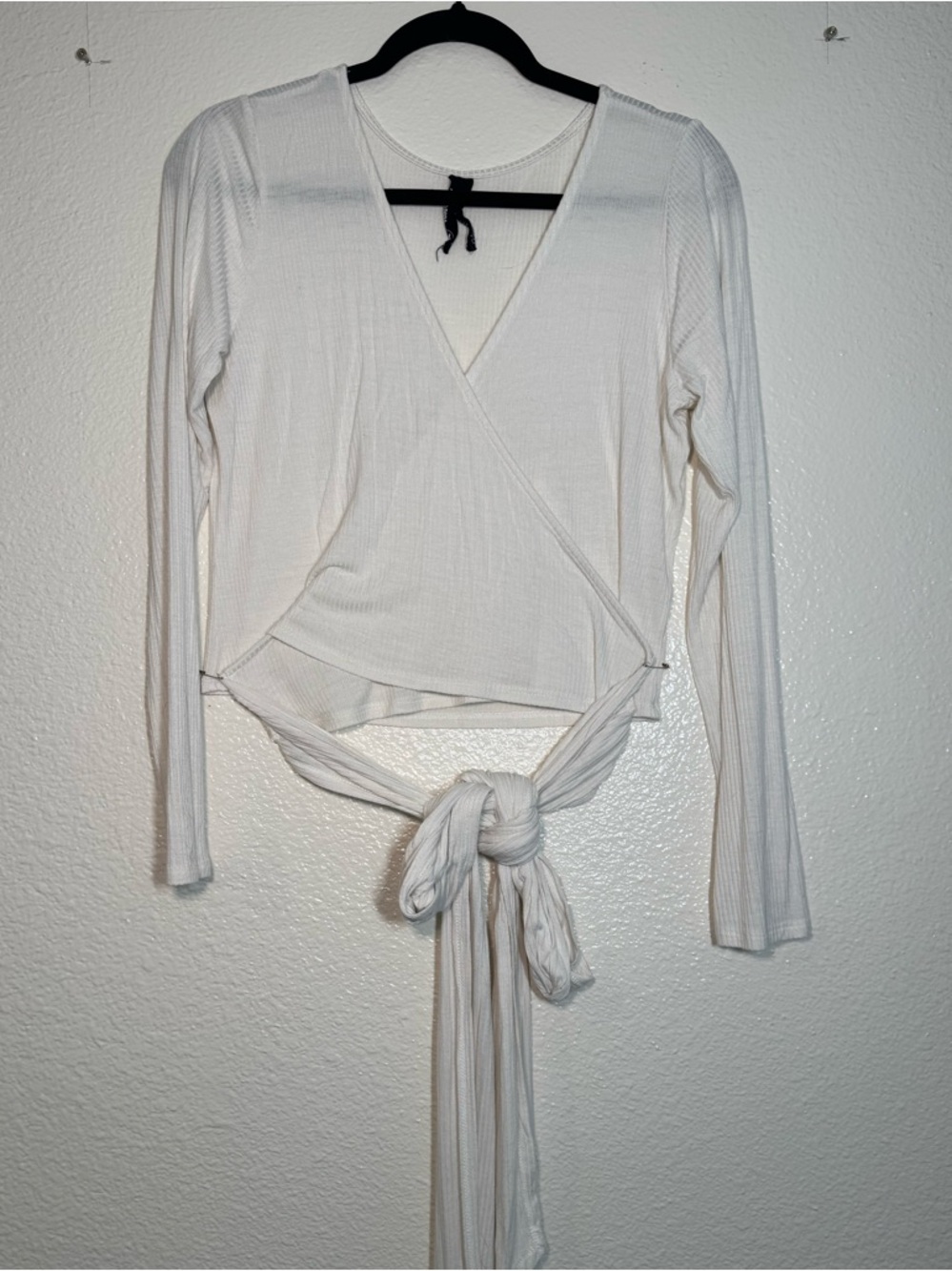 Agnes & Dora Cream Ribbed Wrap Tie Long Sleeve Top